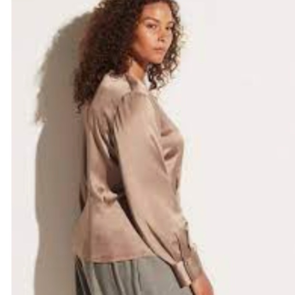 NWT Vince Silk Long Sleeve V-neck Button Down Blouse, Taupe, size S - Picture 3 of 11